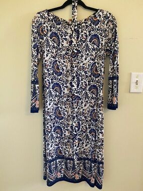 Tory Burch S Printed Long Sleeve Midi Dress in White and Navy